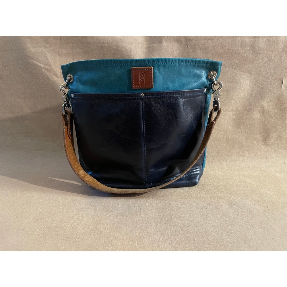 Alexis Drake Luxury Leather Handbag Blue Black Shoulder Bag Western Made in USA